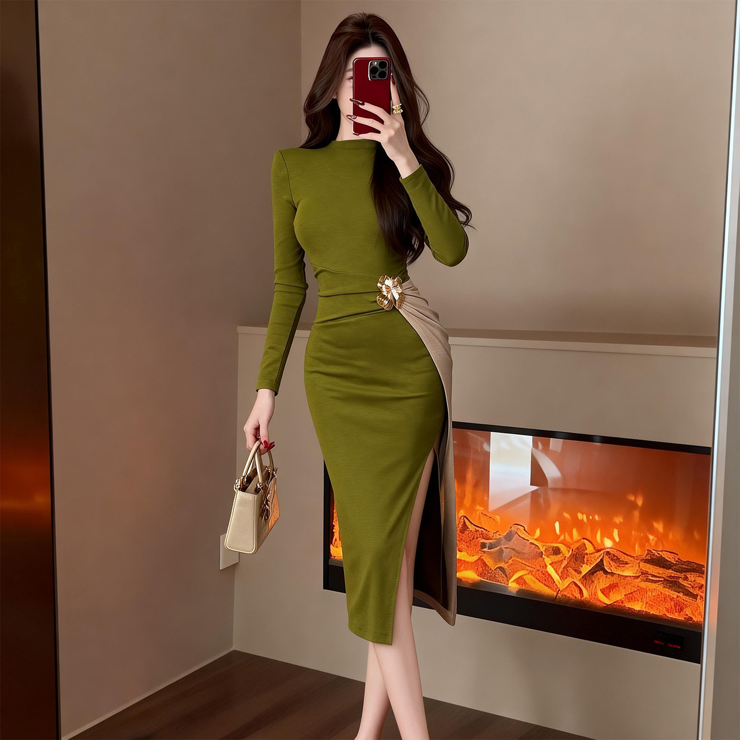 秋冬装新款女装法式气质设计感撞色拼接修身包臀连衣裙内搭21954