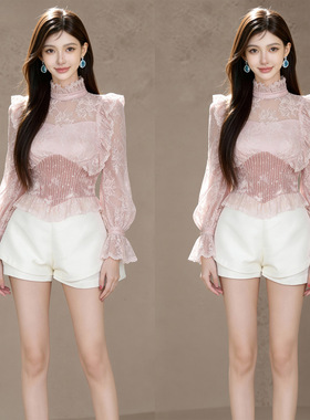 新款女装甜美气质立领拼接收腰喇叭袖上衣名媛显瘦蕾丝衫15578