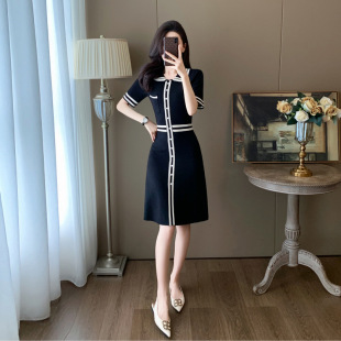 7040小香风轻奢高级感复古黑白撞色针织连衣裙夏季 名媛气质显 新款