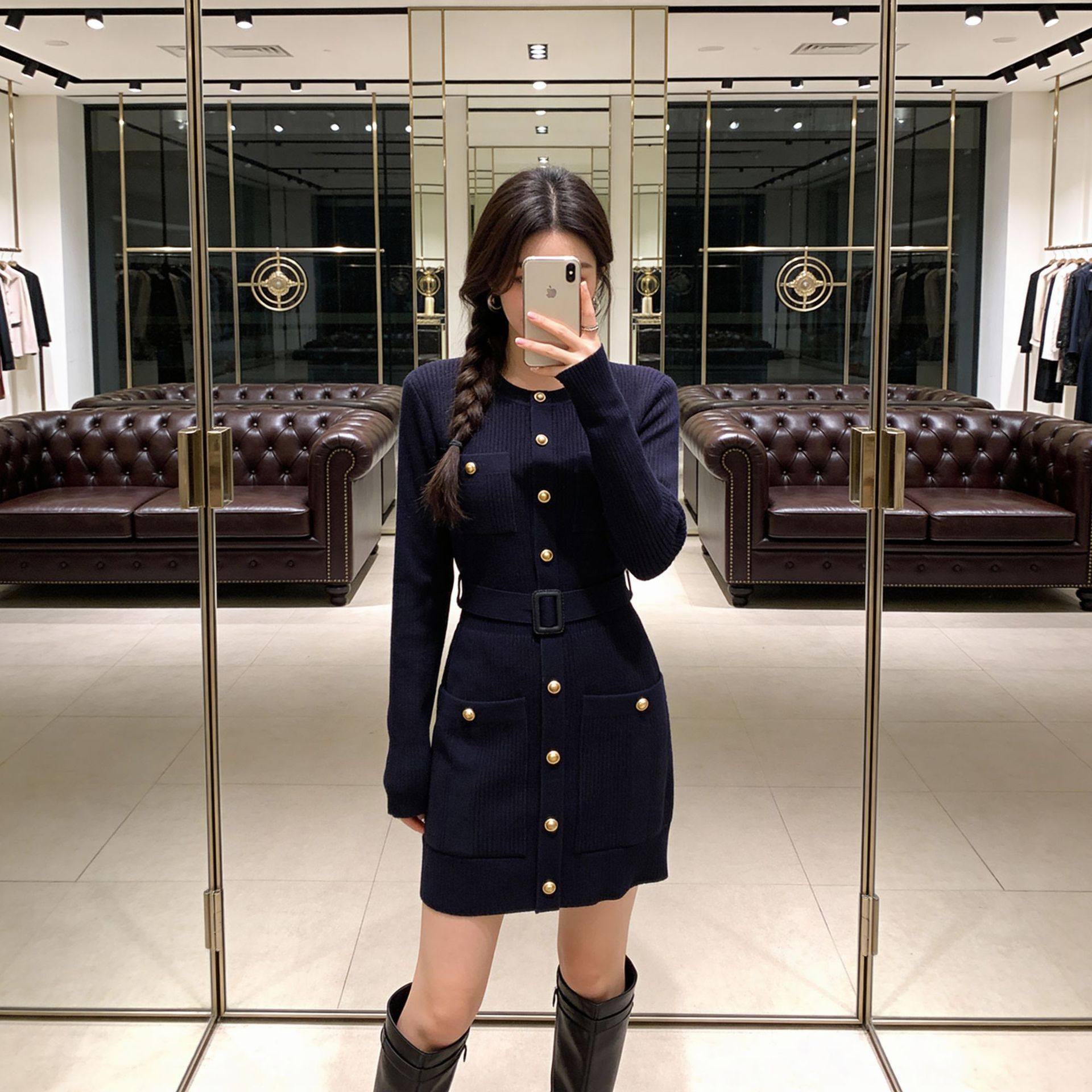 重工小香风修身针织连衣裙女冬季新款修身显瘦附腰带打底毛衣裙子,女装/女士精品,连衣裙,淘宝优惠券,粉丝福利购,淘宝优惠卷