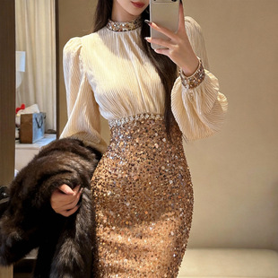 名媛气质宴会礼服裙2026春装新款女撞色拼接亮片包臀连衣裙22022