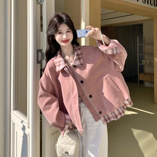 春装新款韩版休闲格子假两件风衣外套2026早秋新款高街夹克外套女