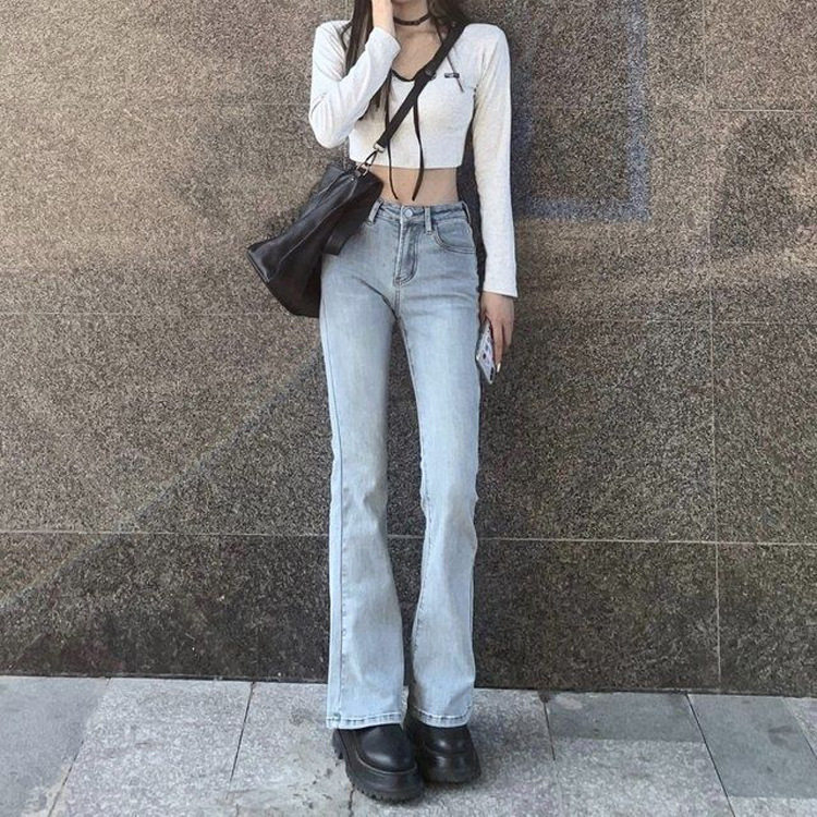 浅色微喇牛仔裤女大码阔腿长裤chic显瘦弹力紧身百搭高腰喇叭裤子