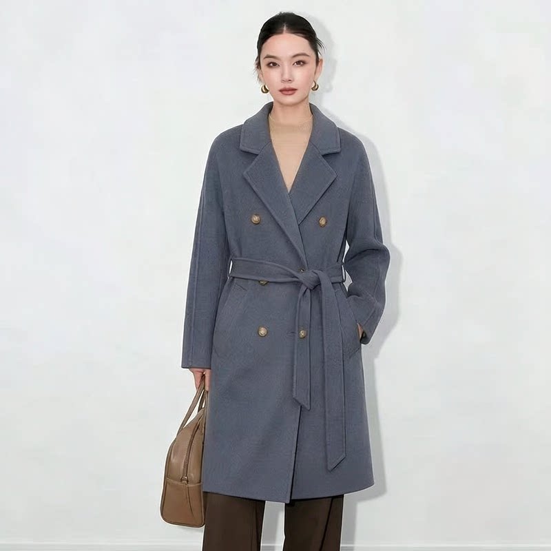 秋冬季新款双面羊毛大衣女长款双排扣休闲系带收腰羊毛呢外套
