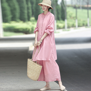 文艺感旅游穿搭100%苎麻防晒衬衫女长袖开衫中长款飘逸仙气上衣