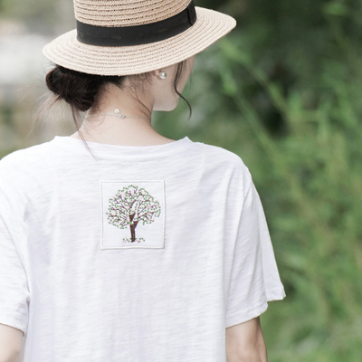 麻意 一棵树 高品质竹节棉刺绣上衣女短袖夏天新品显瘦文艺T恤