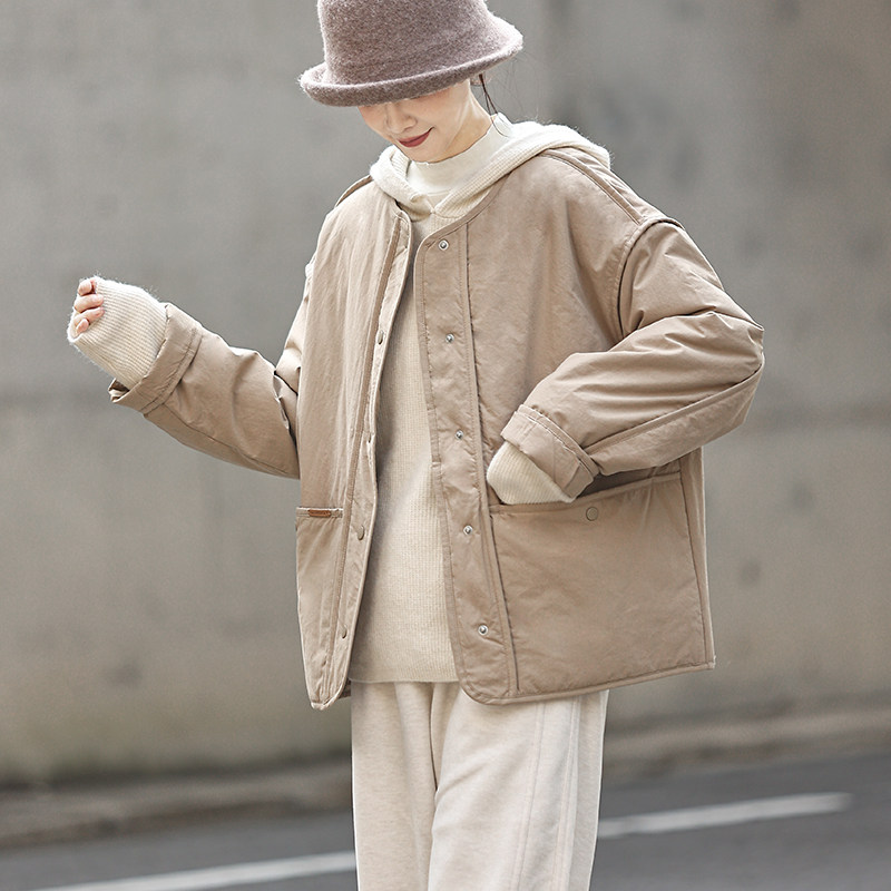 麻意 慵懒风大口袋 冬装绗缝加厚棉衣外套女短款日系保暖纯棉棉袄