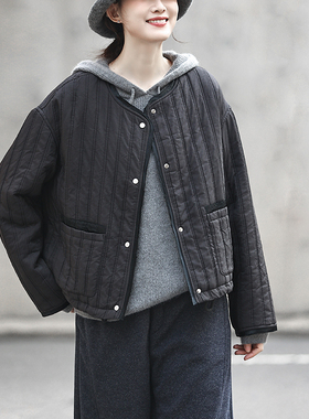 麻意 高端醋酸拼接竖纹黑色棉衣女圆领 加厚加绒秋冬新款棉服外套