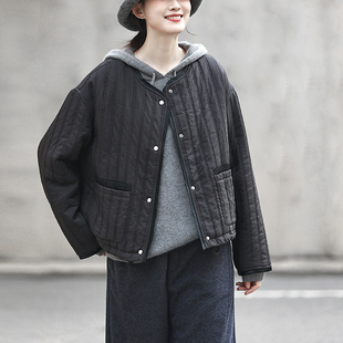 棉服外套 加厚加绒秋冬新款 麻意 高端醋酸拼接竖纹黑色棉衣女圆领