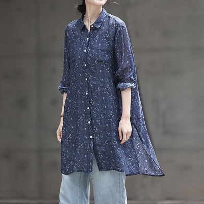 100%苎麻特别的蓝小碎花薄长衫