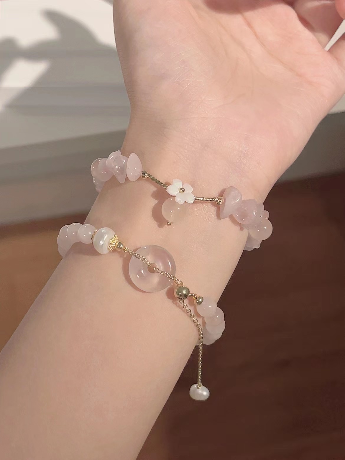 楚噢粉晶花朵平安扣手链