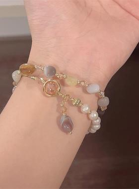 楚噢CHUO玛瑙珍珠手链水晶串珠双层叠戴小众气质甜美少女生日礼物