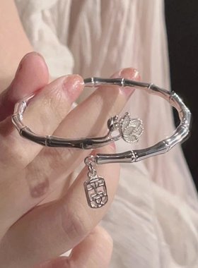 楚噢CHUO足银9999竹节莲花平安传承手镯子手环女士开口新中式纯银