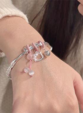 楚噢CHUO足银999铃铛猫头繁花似锦手镯子纯银实心可调节手环礼物