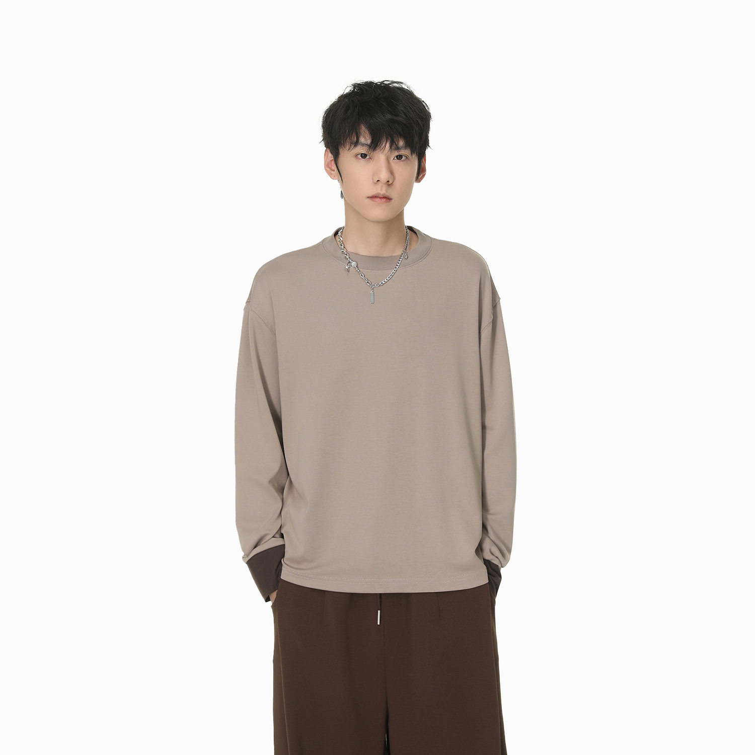 MTLCLOTHES男装|韩版纯色简约圆领拼色袖口宽松百搭通勤打底T恤潮