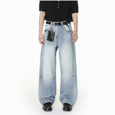 MTLCLOTHES男装|韩版做旧磨白浅蓝捏褶设计个性百搭直筒牛仔裤潮