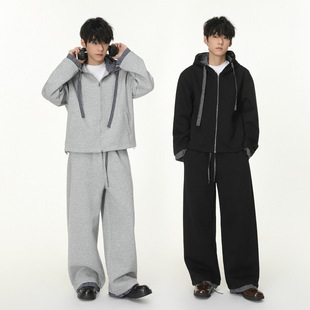 MTLCLOTHES男装|韩版拼接格子撞色连帽开衫卫衣运动休闲裤套装潮