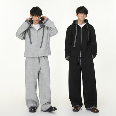 MTLCLOTHES男装|韩版拼接格子撞色连帽开衫卫衣运动休闲裤套装潮