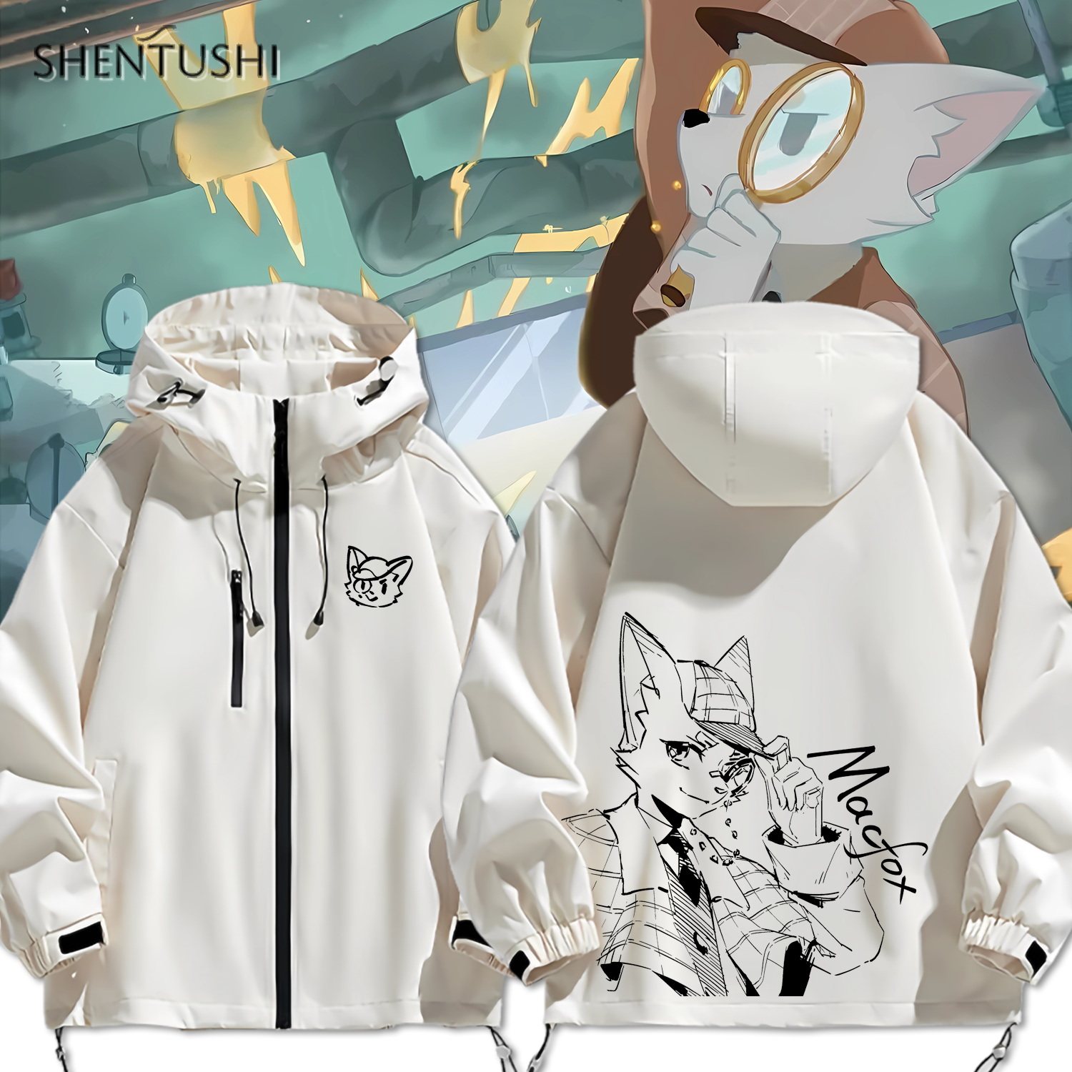 神探迈克狐个性简笔画图案冲锋衣外套男女休闲宽松上衣