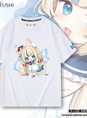 猫鲨Sameko Saba鲨鱼娘古拉Gura卡通二次元周边cos夏男生短袖T恤