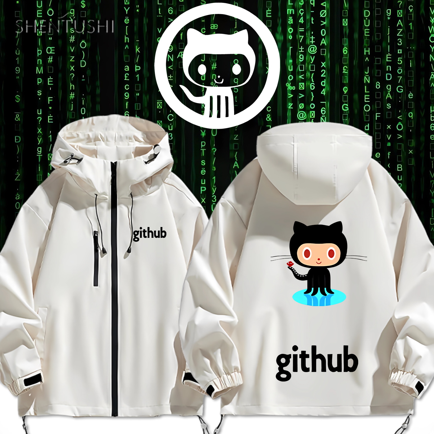 极客Github个性程序员章鱼猫工程师冲锋衣男宽松