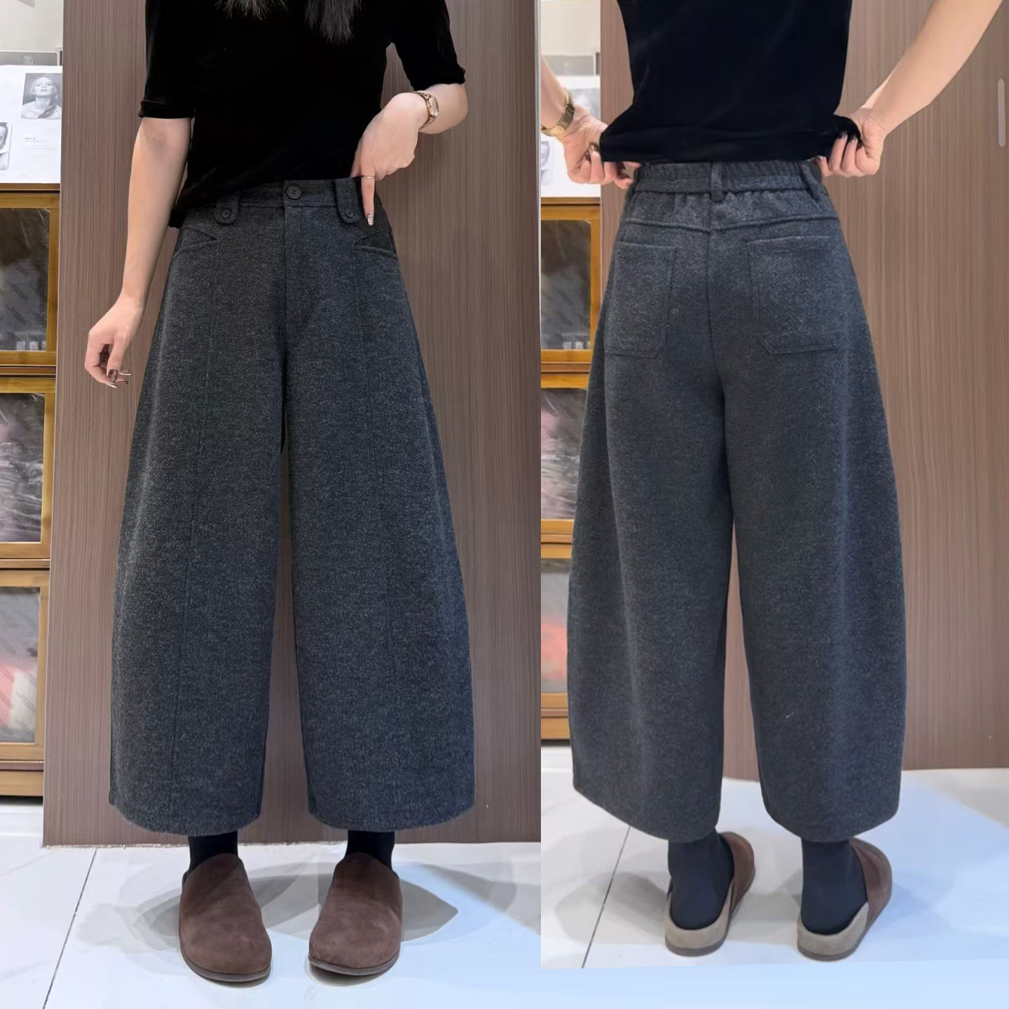 佳秋冬毛呢休闲九分直筒裤女深灰