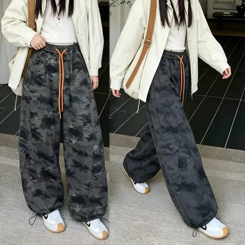 秋季迷彩工装弯刀阔腿裤女时尚