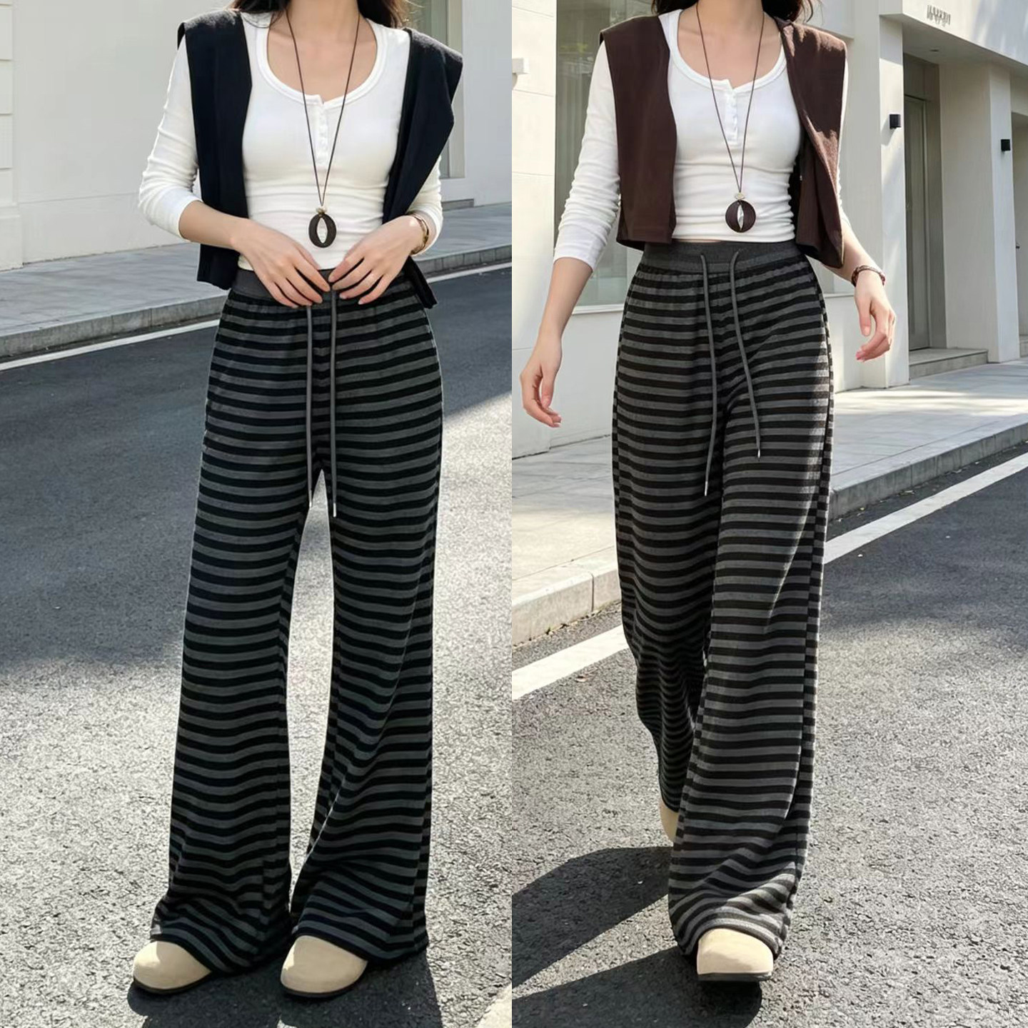 秋冬休闲横条纹筒喇裤高弹垂坠