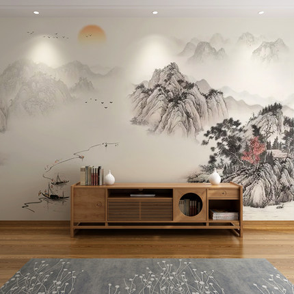 2022新款电视背景墙壁纸山水壁画客厅沙发现代中式壁布轻奢墙布