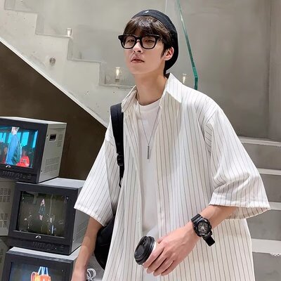 条纹短袖衬衫男夏季宽松ins潮流