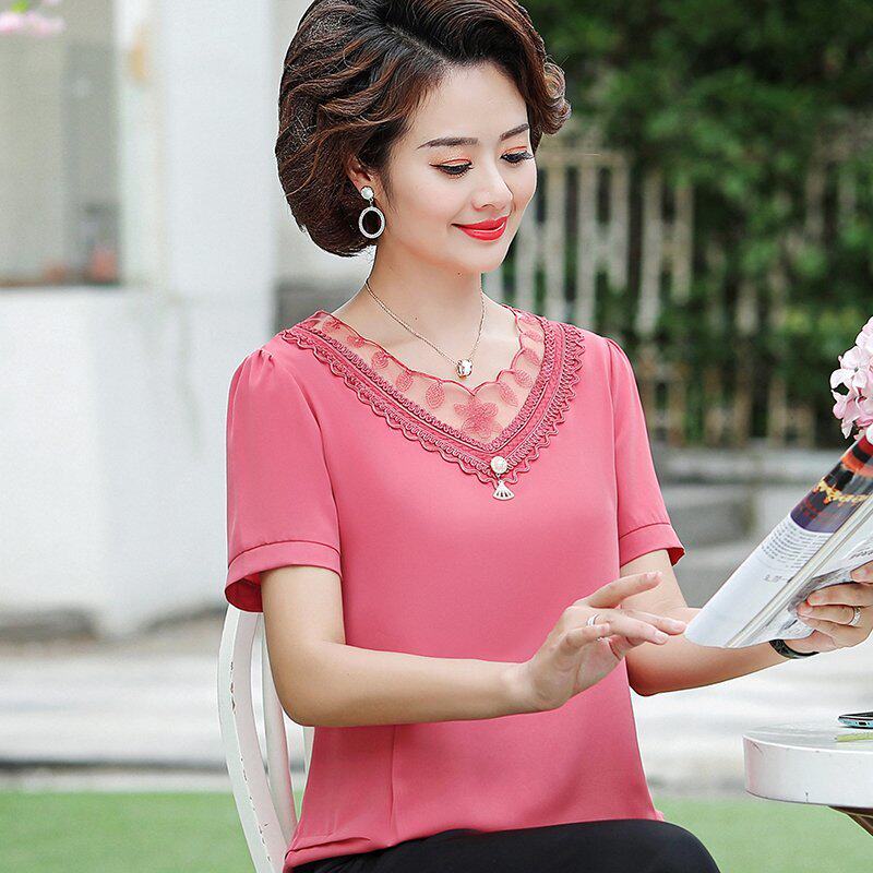 2020 summer new pattern Lace V-neck Chiffon shirt Short sleeved jacket Easy Large Middle and old age Women's wear momin the Women's clothing/Boutique , T-shirt  category - from Buy2taobao.com to provide professional Taobao agent buy service