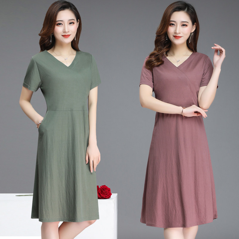 新款妈妈夏装宽松短袖大码棉绸连衣裙中年女装中长款过膝气质裙子|ruв категории Женская одежда, в пожилых женщин - от Buy2taobao.com для оказания профессиональной услуги покупки агента Taobao
