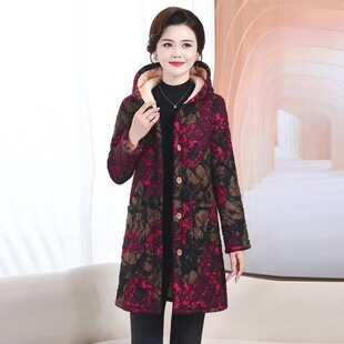 睡衣女单件上衣冬季加绒加厚中老年妈妈棉衣中长款连帽保暖家居服