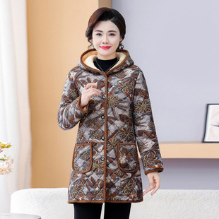 睡衣冬款女加绒加厚中长款棉袄连帽中老年妈妈棉衣家居服单件上衣