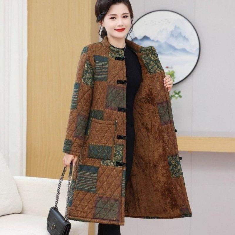 妈妈冬季加绒加厚长款单件上衣睡衣女款中老年保暖棉袄家居服外穿
