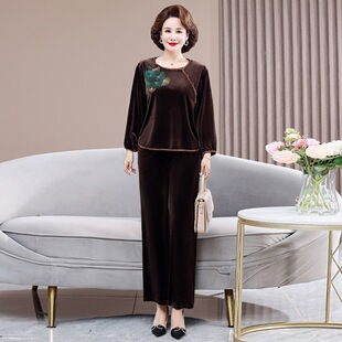 春秋季睡衣女长袖金丝绒套装中老年妈妈时尚洋气大码家居服可外穿