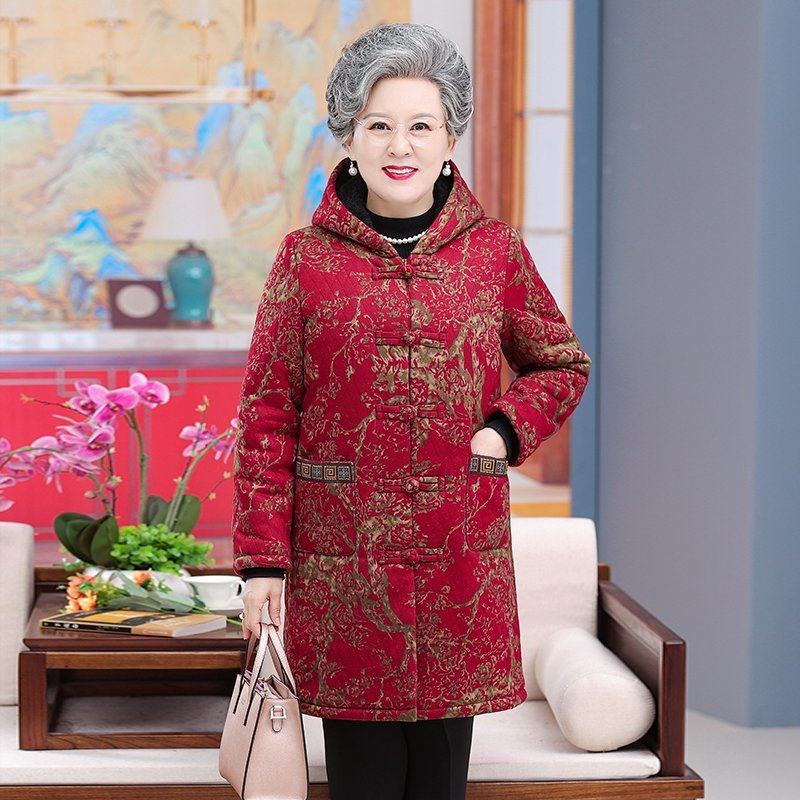 老人衣服奶奶冬装中长款棉祆睡衣上衣单件70岁妈妈棉衣家居服连帽