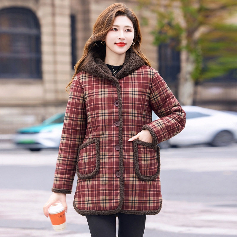 妈妈冬装睡衣上衣单件女中老年人女士睡棉袄中长款格子带帽家居服