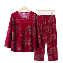 妈妈春夏装纯棉绸睡衣红色长袖长裤中老年人薄款家居服套装可外穿