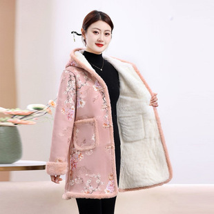 棉睡衣女冬季加厚上衣单件中长款妈妈新中式花棉袄加绒家居服连帽