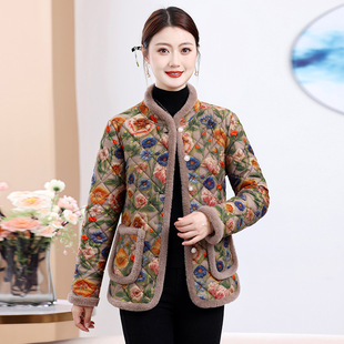 妈妈睡衣女冬加绒加厚单件上衣保暖棉服大码中老年人花棉袄家居服