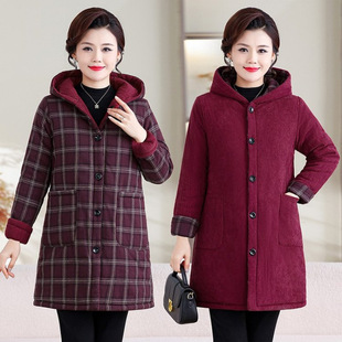 中老年女士三层夹棉厚睡衣中长款家居服上衣冬季妈妈双面穿灯芯绒