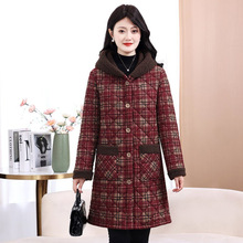 妈妈冬季中长款单件棉睡衣加绒加厚中老年人保暖连帽格子家居服女