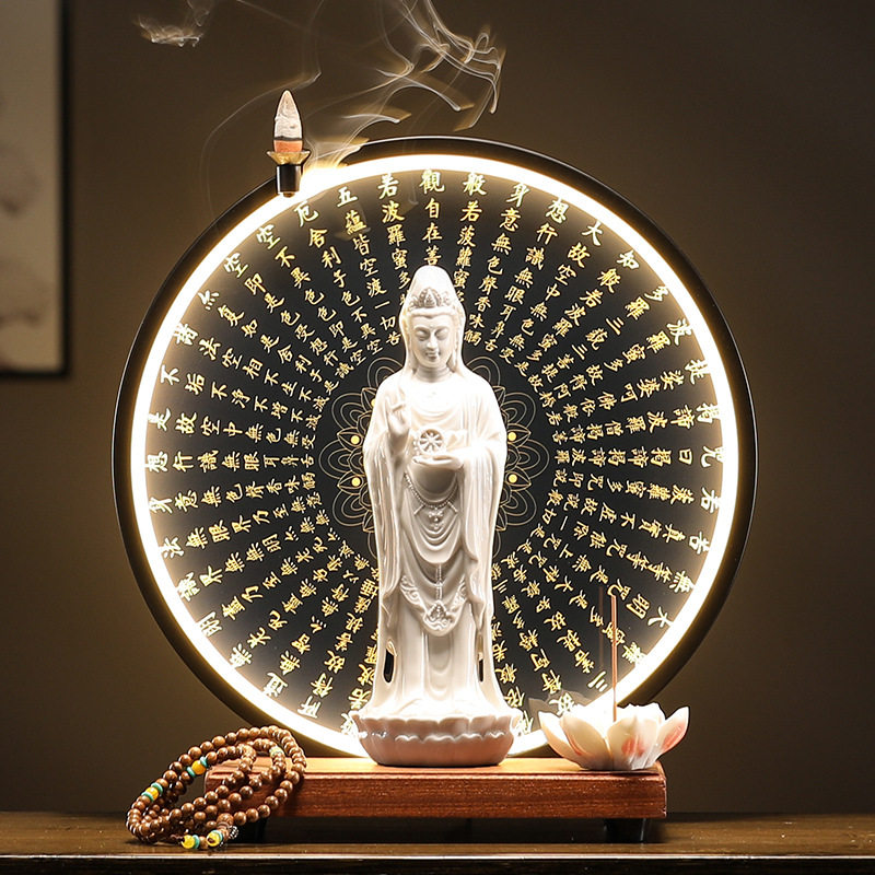 南海观音菩萨佛像摆件中式禅意灯圈创意倒流香炉客厅玄关桌面装饰,商业/办公家具,景观道具/景观摆件/景观装置,淘宝优惠券,粉丝福利购,淘宝优惠卷