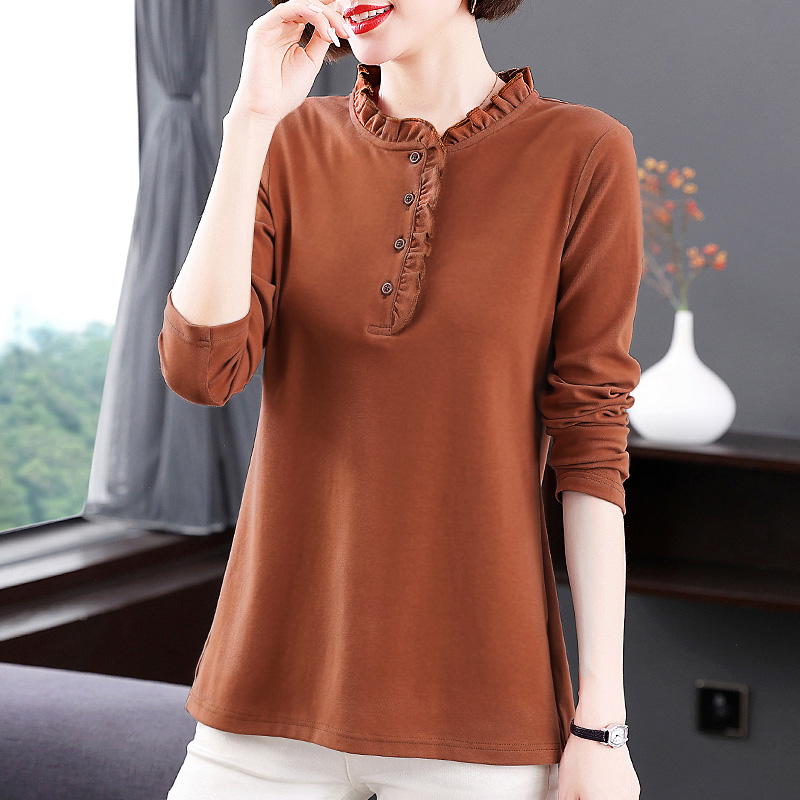 纯棉长袖t恤女装2025春秋新款气质妈妈内搭上衣大码木耳边打底衫