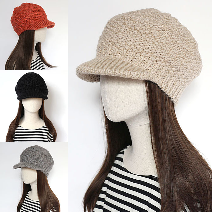 日单 手工编织软檐鸭舌毛线帽 秋冬防寒保暖帽子 4色