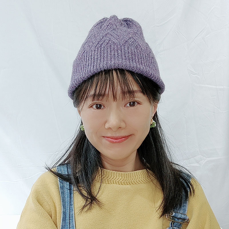 日单 紫色混银色亮线三角形花样编织毛线帽 针织帽子 保暖54-57.