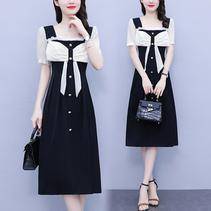 RM7610#大码女装2023夏季新款胖妹妹方领通勤蝴蝶结时尚中长款连衣裙