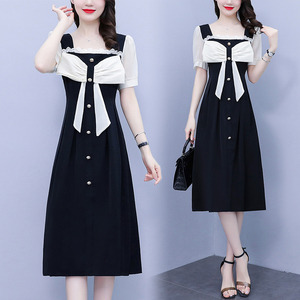 RM7610#大码女装2023夏季新款胖妹妹方领通勤蝴蝶结时尚中长款连衣裙