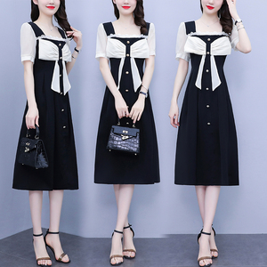 RM7610#大码女装2023夏季新款胖妹妹方领通勤蝴蝶结时尚中长款连衣裙